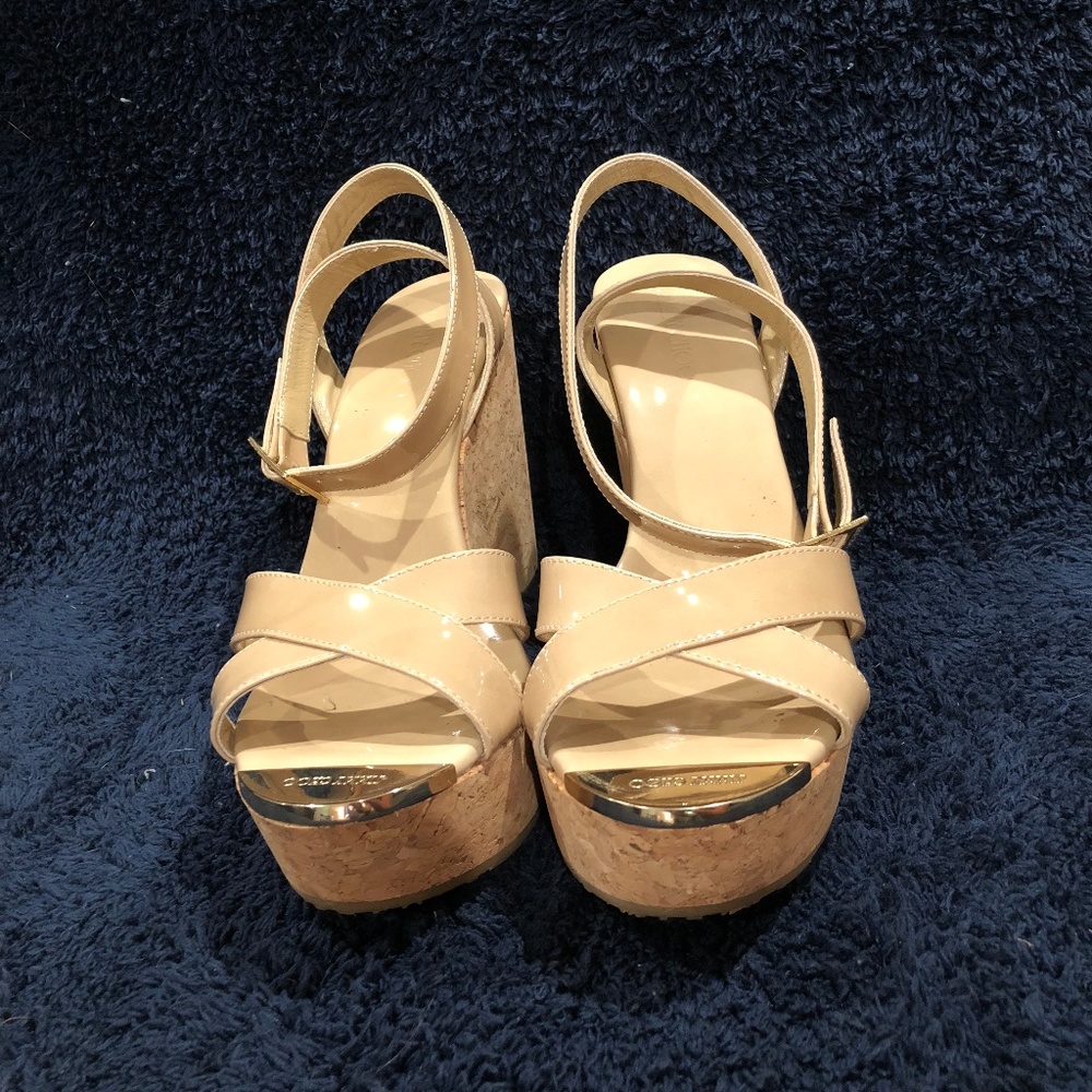 JIMMY CHOO Nude Patent Leather Wedges 37.5
